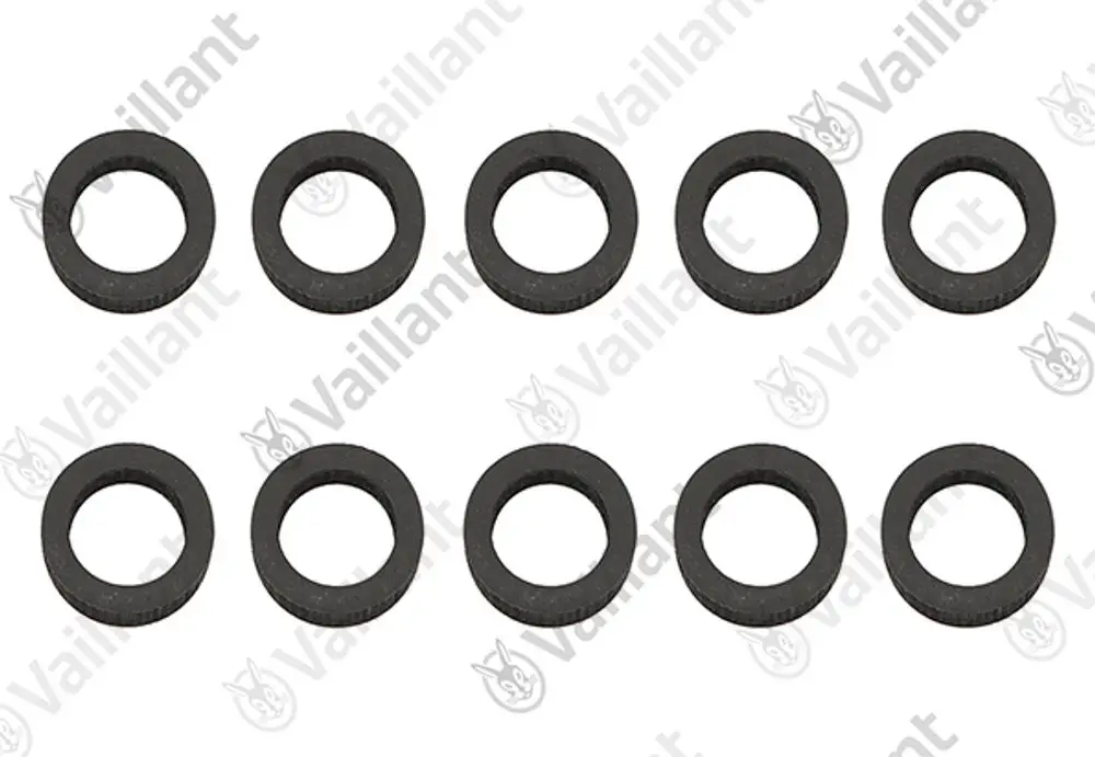 Zehn schwarze Gummi-Ringscheiben von Vaillant, die für Dichtungszwecke konzipiert sind. Sie haben eine runde Form mit einem inneren Durchmesser.